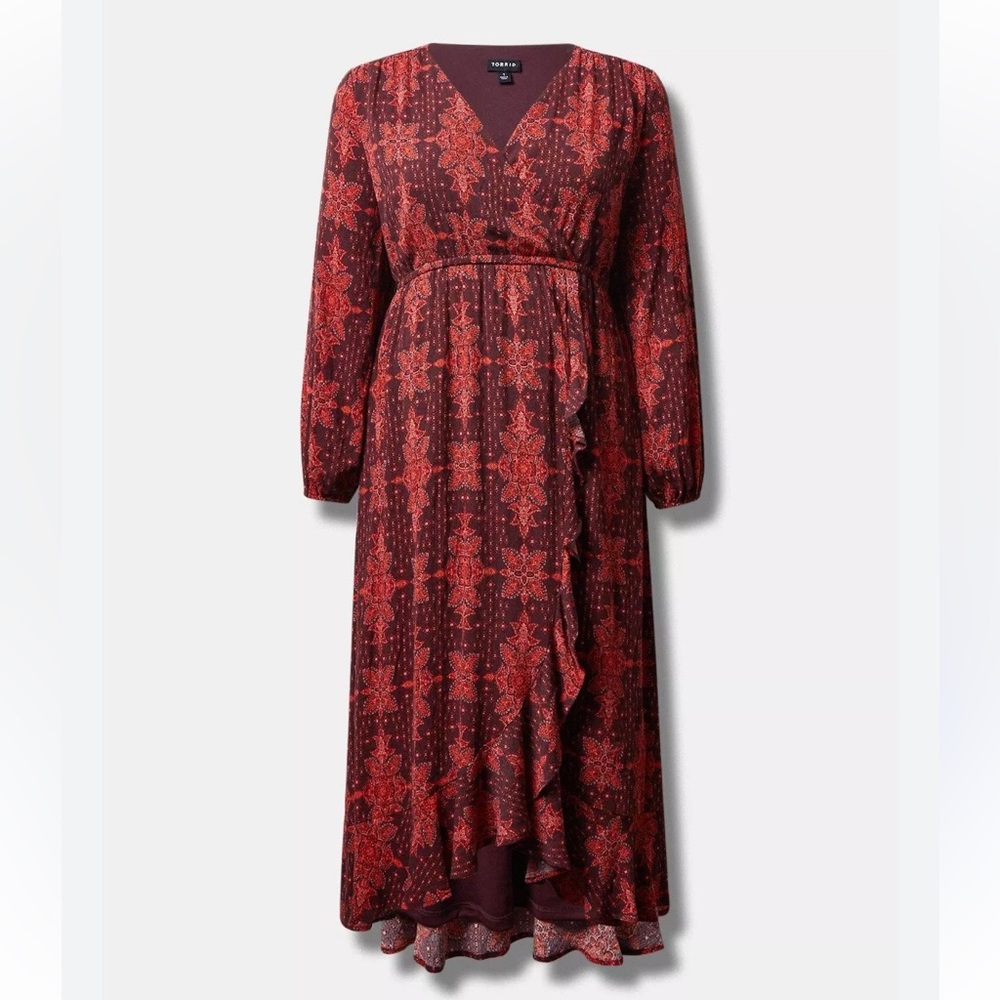 Torrid Maroon Washable Crinkle Gauze Ruffle Surplice Midi V-Neck Dress Size 1XL